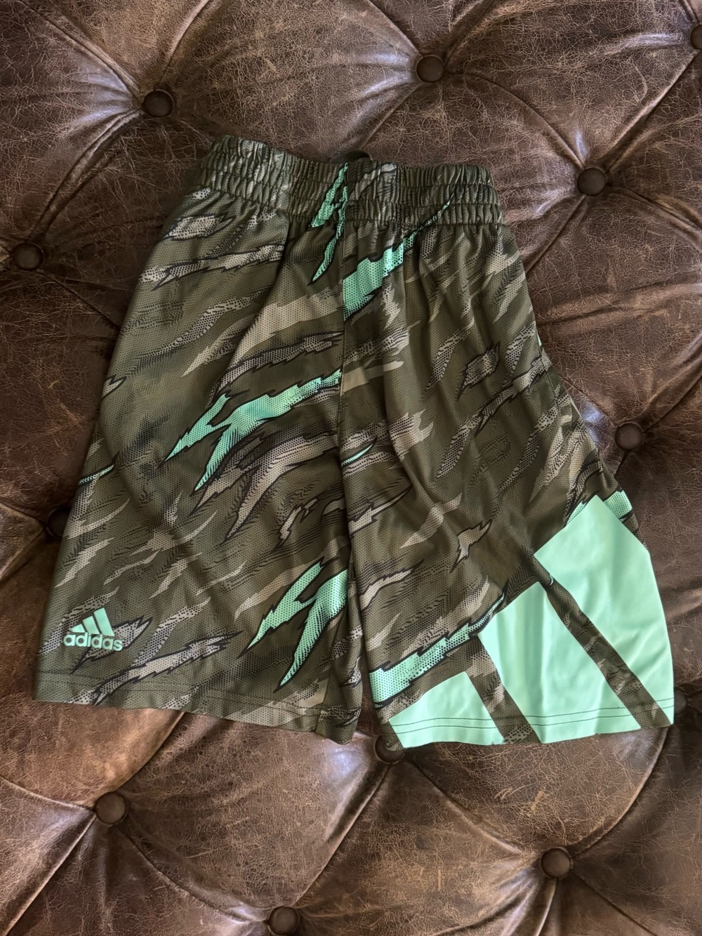 adidas Olive Green Camo Kids' Athletic Shorts with Mint Accent